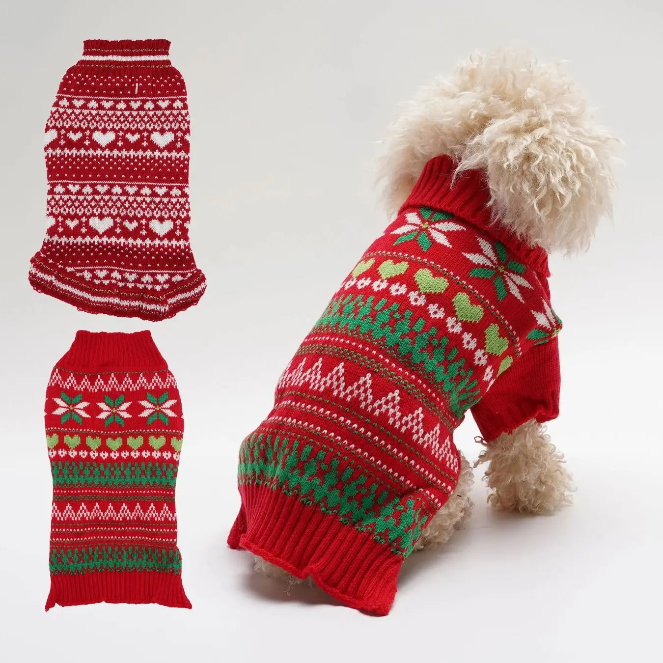 2 Pack Knitted Pet Clothes for Small to Medium Dogs Autumn Winter Heart-Shaped Wave Edge Hemline Sweater Skirt Set