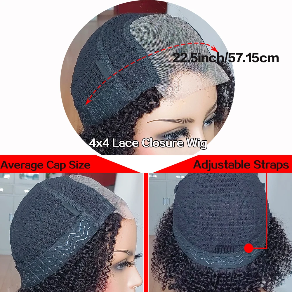 4C Kinky Edges Jerry Curly 4x4 Closure Lace Wig Side Part 100% Human Hair Pre-Plucked Short Bob Lace Front Wig