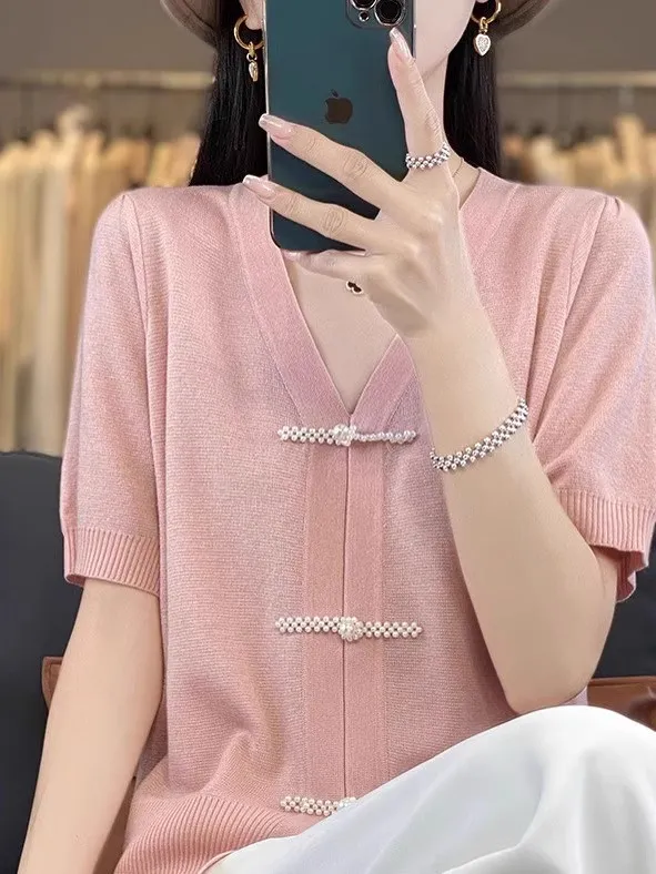 

Ele V-Ne трикотажная шелковая шерстяная футболка ort Sve женская мода весна лето китайский топ для поездок на работу Sle чистый цвет