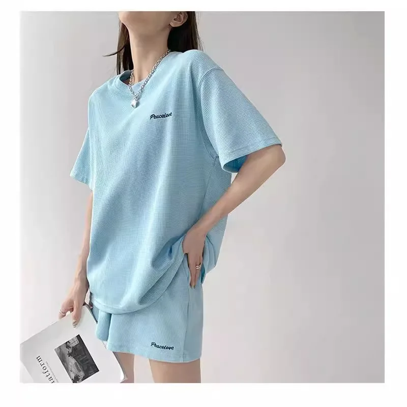 Summer Solid Color Women Short Sleeved Thin Style Waffler Shorts Refreshing Round Neck Loose Casual Comfortable Two Piece Set