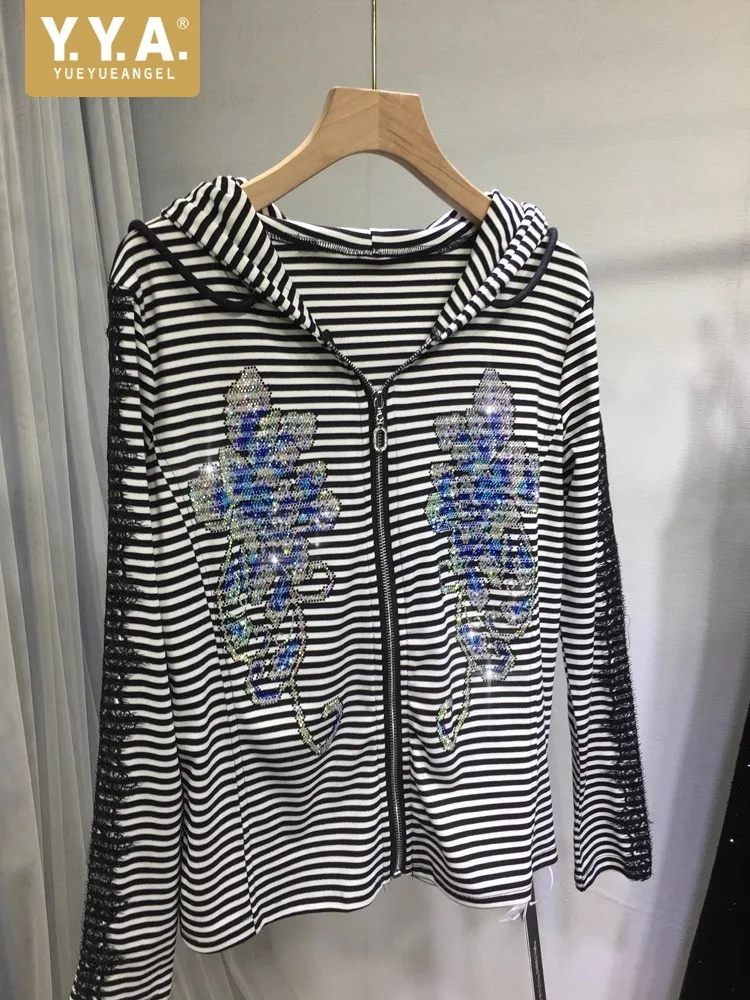 

Осенняя женская куртка с капюшоном и бриллиантами, повседневная кружевная верхняя одежда с длинными рукавами, новые женские полосатые куртки на молнии в стиле Харадзюку M-4XL