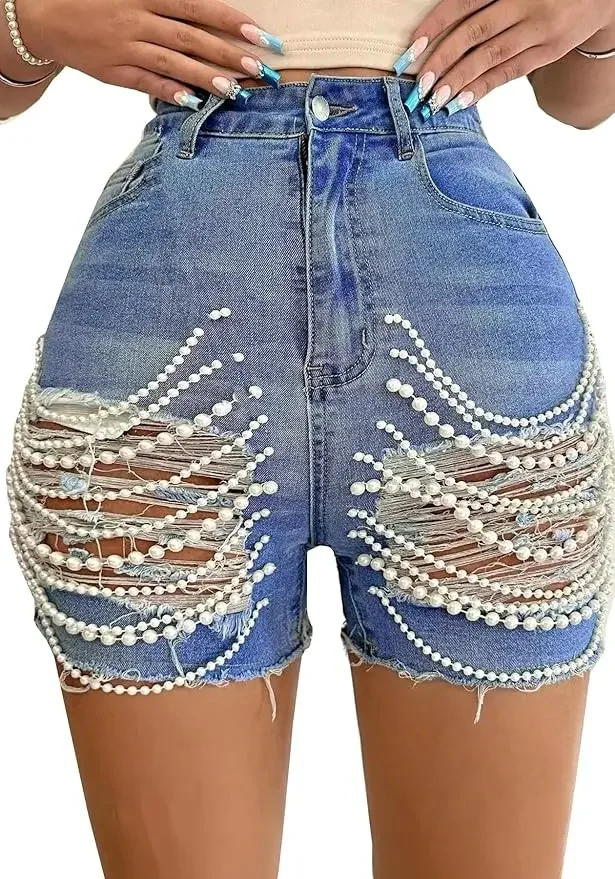 Pop handgefertigte Damen-Shorts mit hoher Taille und Perlen – sexy, zerrissene, lässige Sommer-Streetwear mit Stretch-Passform