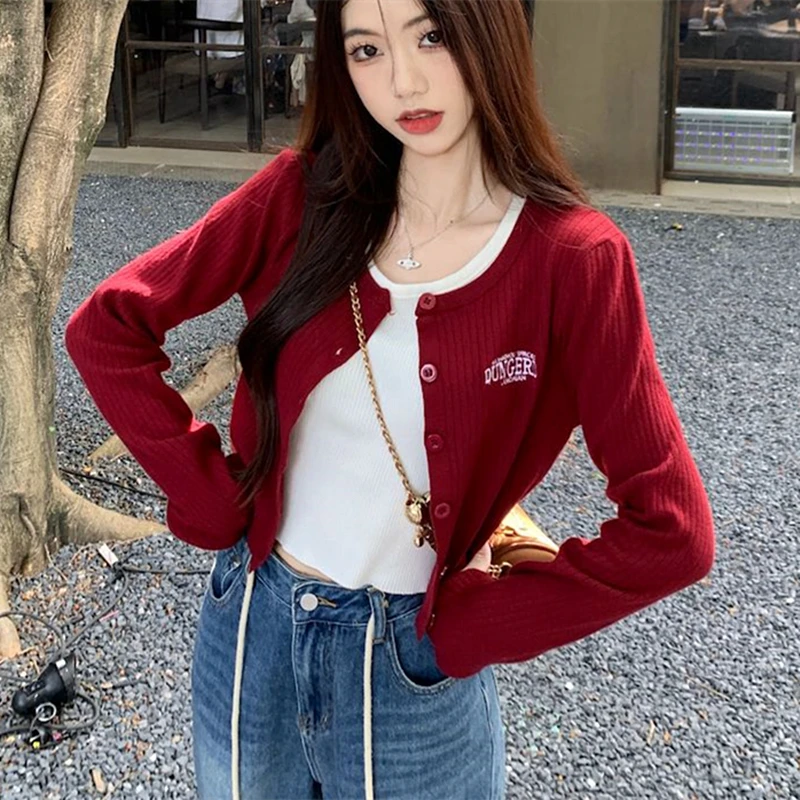 Wine Red Letter Embroidery Sweater Jackets Crop Top for Girls Slim Single Breasted Cardigan Winter Coat All-match Korean Fashion