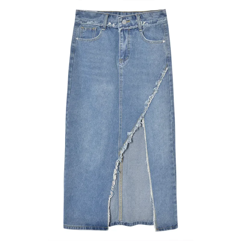 Denim lange rok met onregelmatige split voor lente en zomer. Casual ontwerp, een retro, hoog getailleerde A-lijn denim halfbody rok voor dames