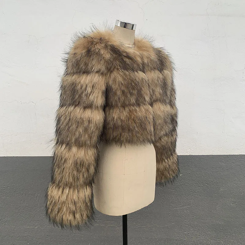 Abrigo de piel de mapache de invierno degradado para mujer, Chaqueta corta de piel Artificial con cuello redondo empalmado para mujer, abrigo de piel ecológica de estilo holgado para mujer