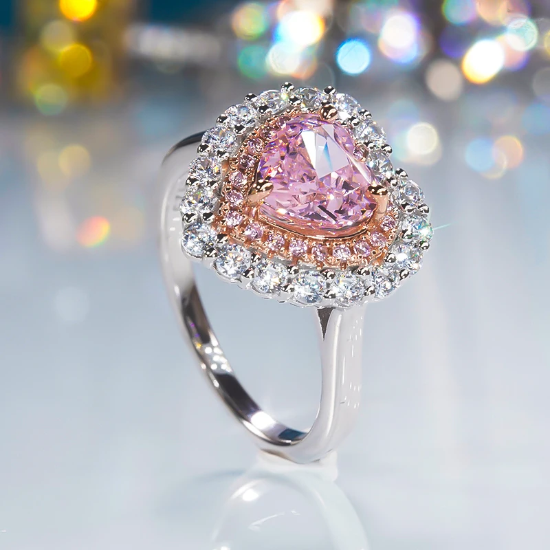 The Latest Fashion Pink Love Ring Female s925 Sterling Silver Heart Diamond Delicate Luxury Wedding Anniversary Fine Jewelry