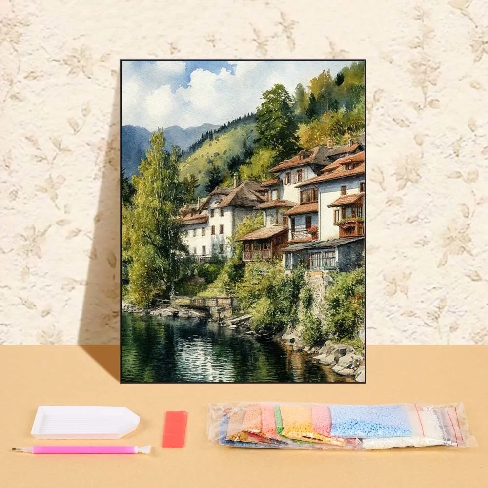 

DIY Diamond Painting Riverside Building Picture Of Rhinestones Diamond Embroidery Mountain House Landscape Mosaic Home Decor