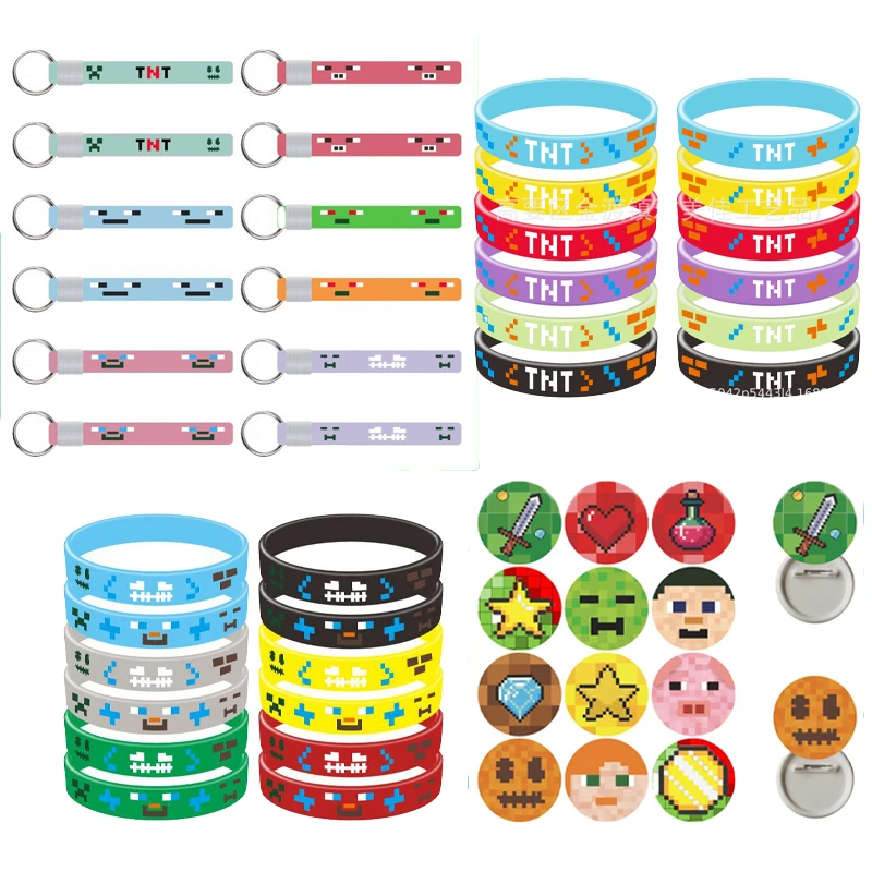 

Game Theme Badge Wristband Keychain Minecrafted Jewelry Accessories Kid Birthday Party Decoration Cartoon Pins Bracelet Gifts