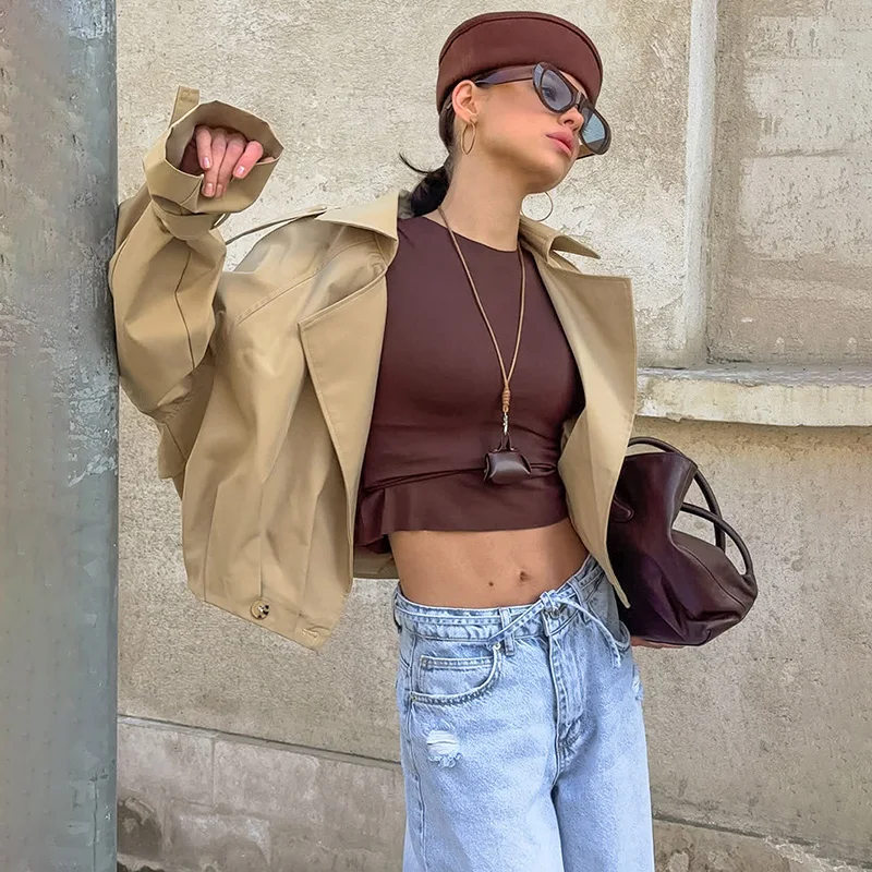 

Tornova 2025 Autumn Short Jacket Coat Women's Suit Collar Double Breasted Casual Streetwear Coat Fashion Splice Female Jackets