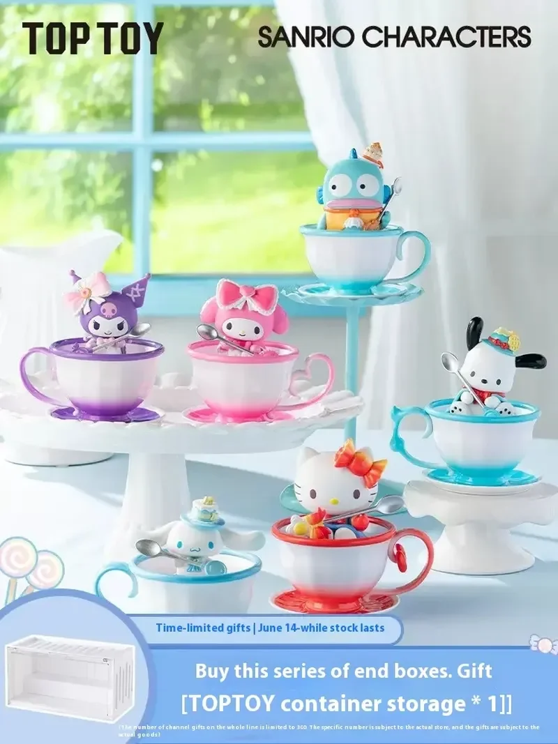 2024 New Trendy Play Toptoy Sanrio Family Tea Cup Elf Blind Box Kuromi Pacha Dog Big Ear Dog Ugly Fish Tea Cup Handmade Gift