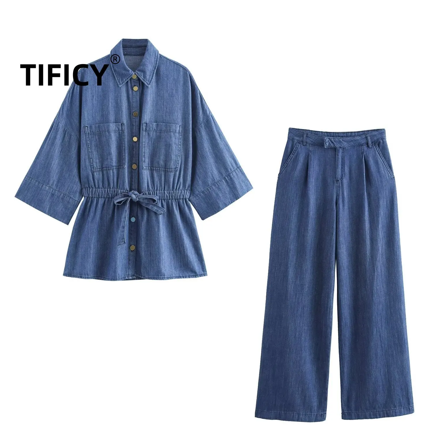 

TIFICY Autumn New Two Piece Set Women's Denim Loose Casual Two-piece Set Street Trendy Wide Leg Pants + Denim Shirts