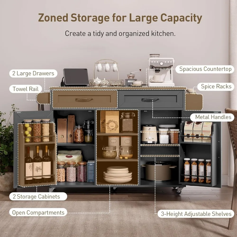 جزيرة المطبخ مع منافذ كهربائية وأوراق قطرة، عربة مطبخ مع مساحة تخزين، درج ورف توابل، رف برجي، طاولة جزيرة، أسود #4