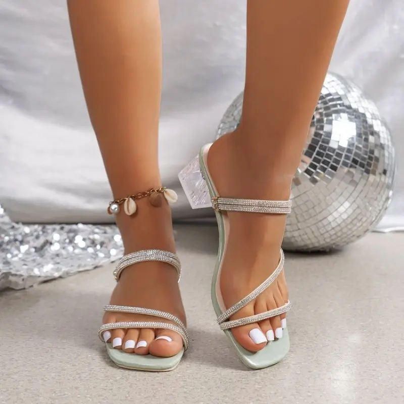 

Women Mid Heeled Sandals Summer New Open Toe Rhinestone Fashion Sandals Personality Clear Square Heel Dressy Party Sandalias 40