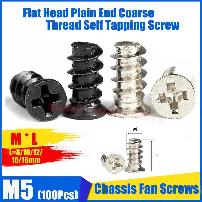 100Pcs M5 Flat Head Plain End Coarse Thread Self Tapping Screw Silver Black Screw For PC Desktop Case Fan Mounting Fasteners