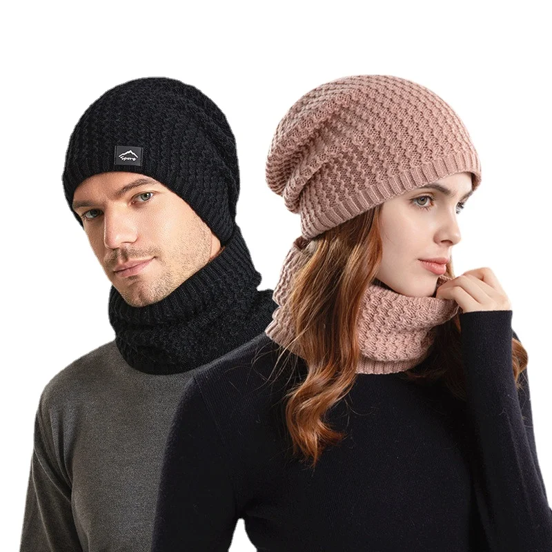 Unisex Winter Beanie Hats Snood Set Warm Wavy Knitted Thermal Hat Neck Warmer Thicken Fur Lined Winter Hat Scarf for Women Men