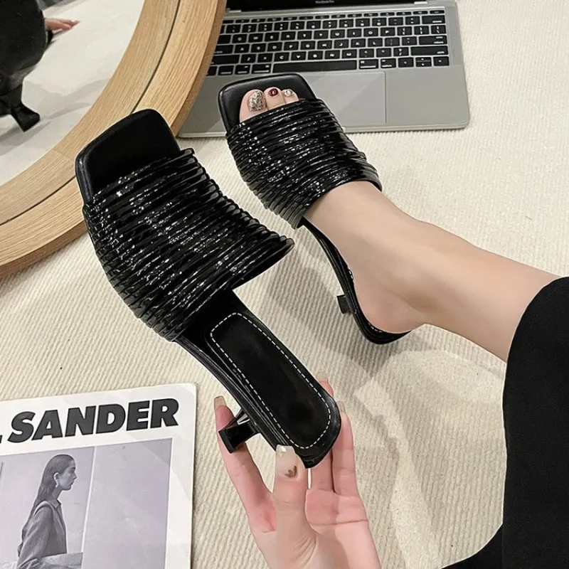 Square Toe Stiletto Sandals for Women Summer Shiny Solid Color High Heels Casual Half Slippers Shoes for Women Designer Sandals image 3