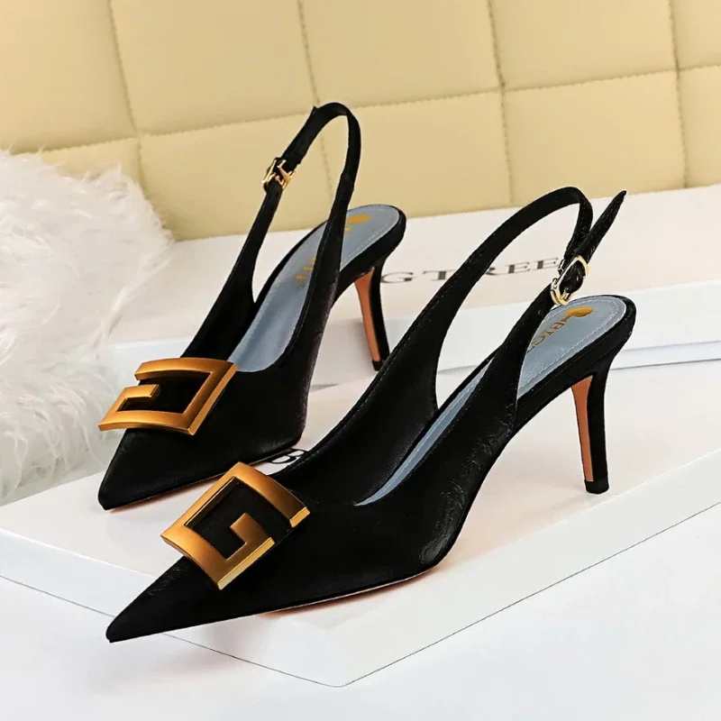 Metal Decoration Baotou Sandals Women Shoe French Pointy High Heels All-match Work Shoe Sexy Single Shoe High Heel Women Sandals