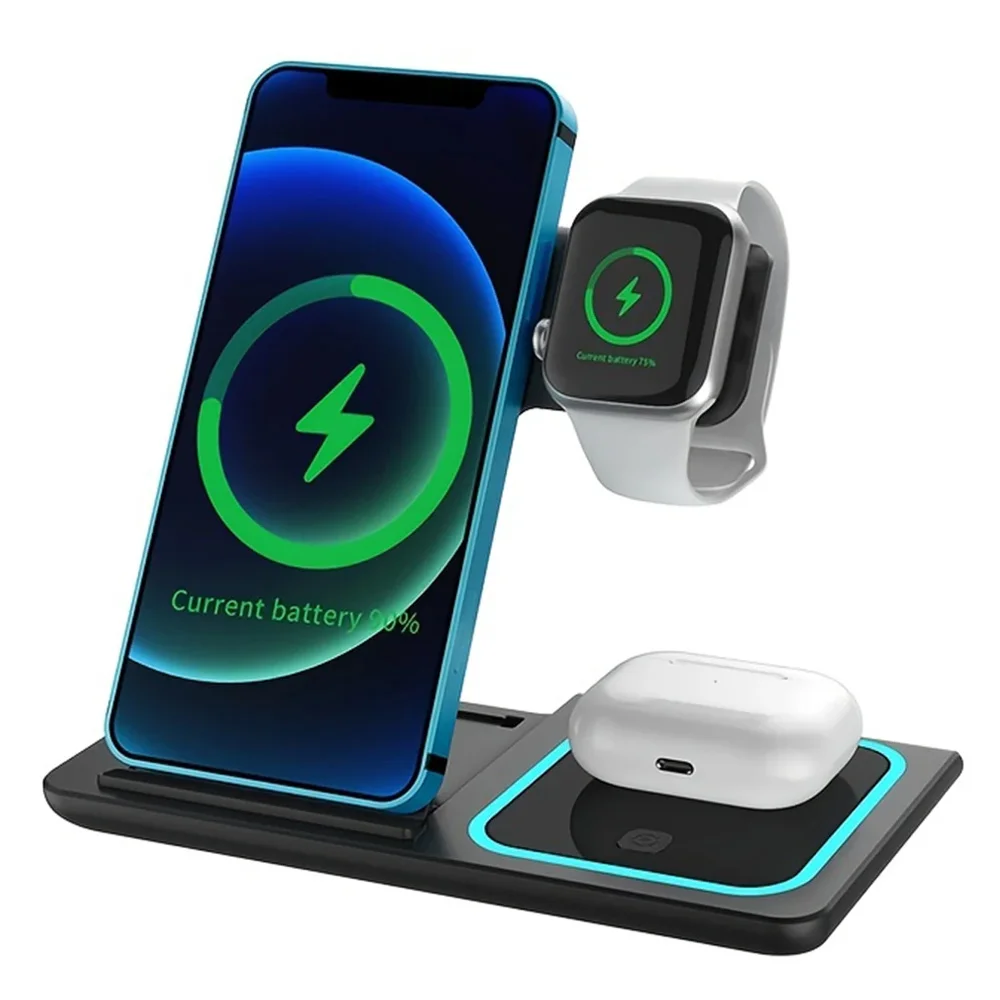 LED-Schnellladestation für kabelloses Ladegerät, 3-in-1, faltbare Ladestation für iPhone 17, 16, 15, 14 Apple Watch 9, 8, 7, 6, 5, Airpods Pro
