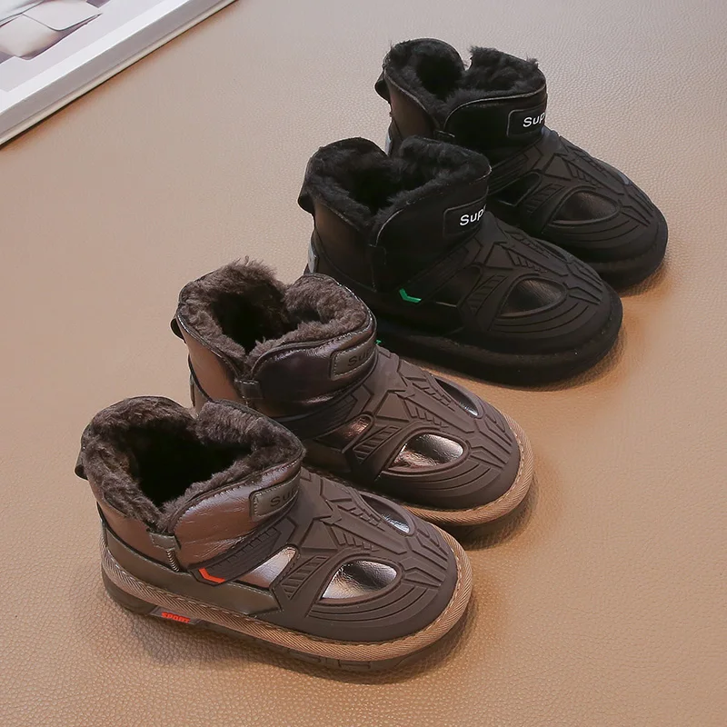 

Зимние ботинки 2025 года, новые зимние утолщенные теплые детские хлопковые туфли, черные кожаные нескользящие детские большие хлопковые ботинки