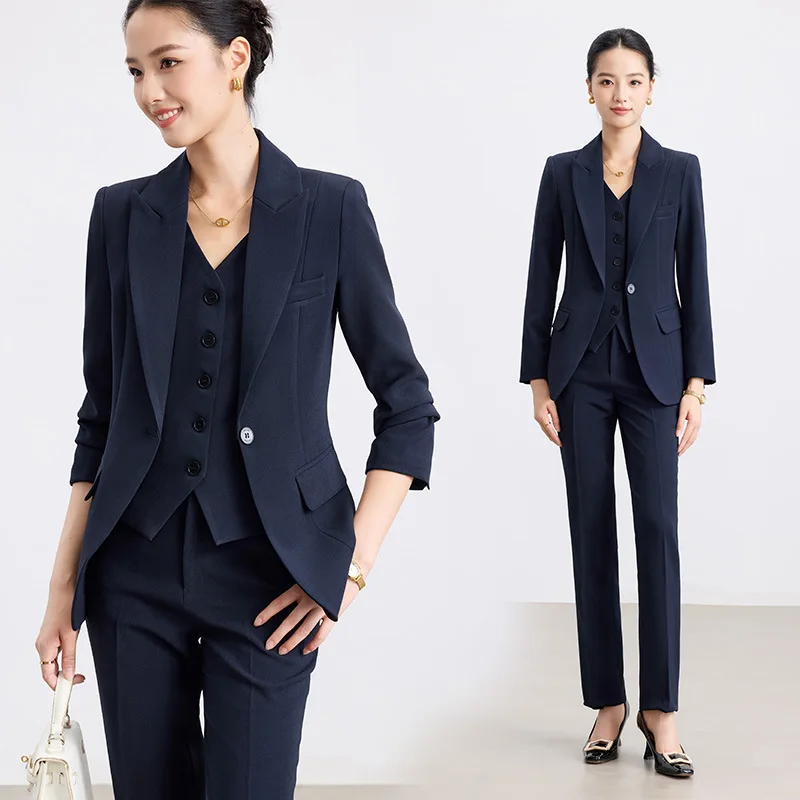 

Темно-синий женский костюм для осени, элегантный и изысканный, подходит для учителей и офисных работников, профессиональный деловой стиль.
