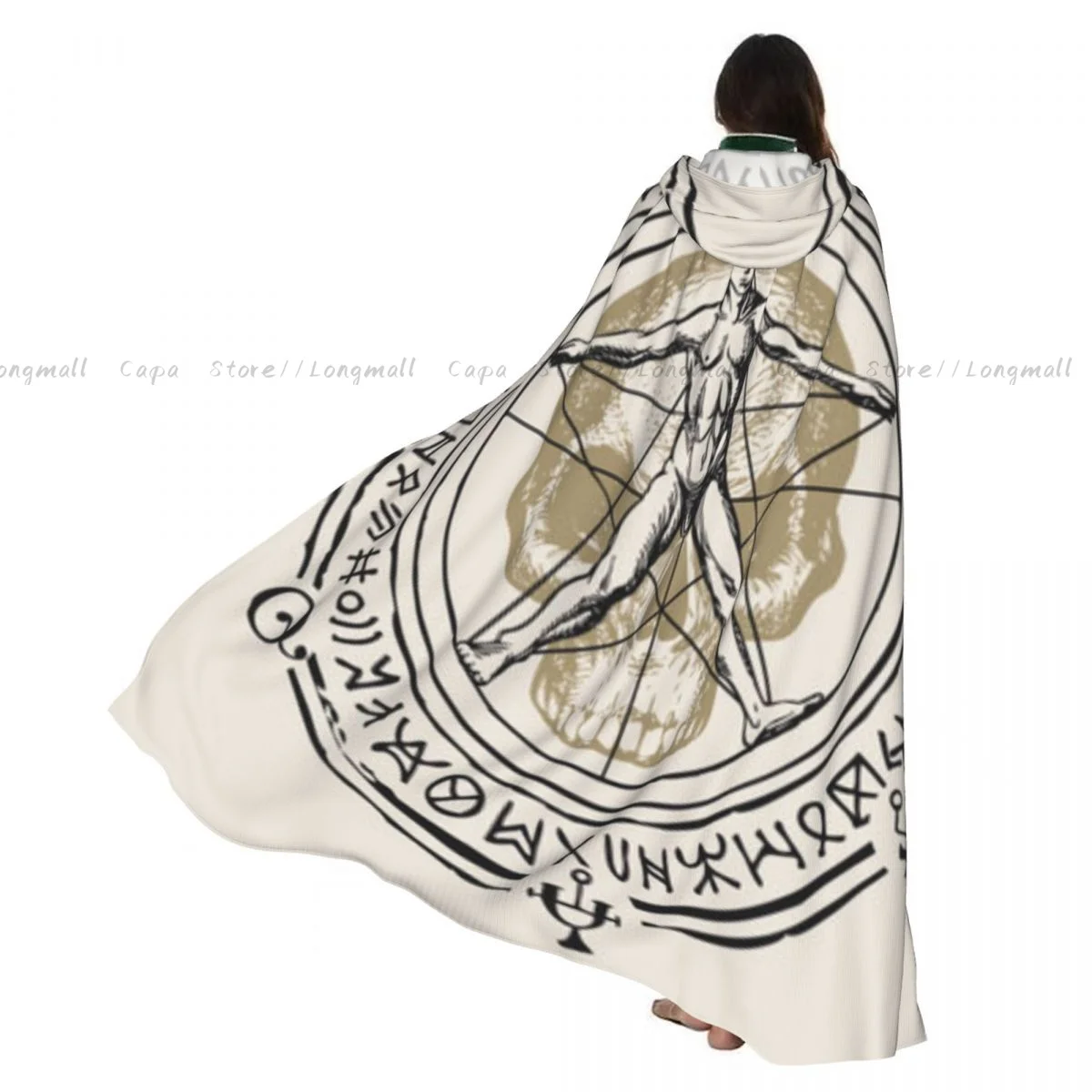 

Pentagram With Vitruvian Man Cloak Hooded Cosplay Costume Halloween Adult Long Party Cape