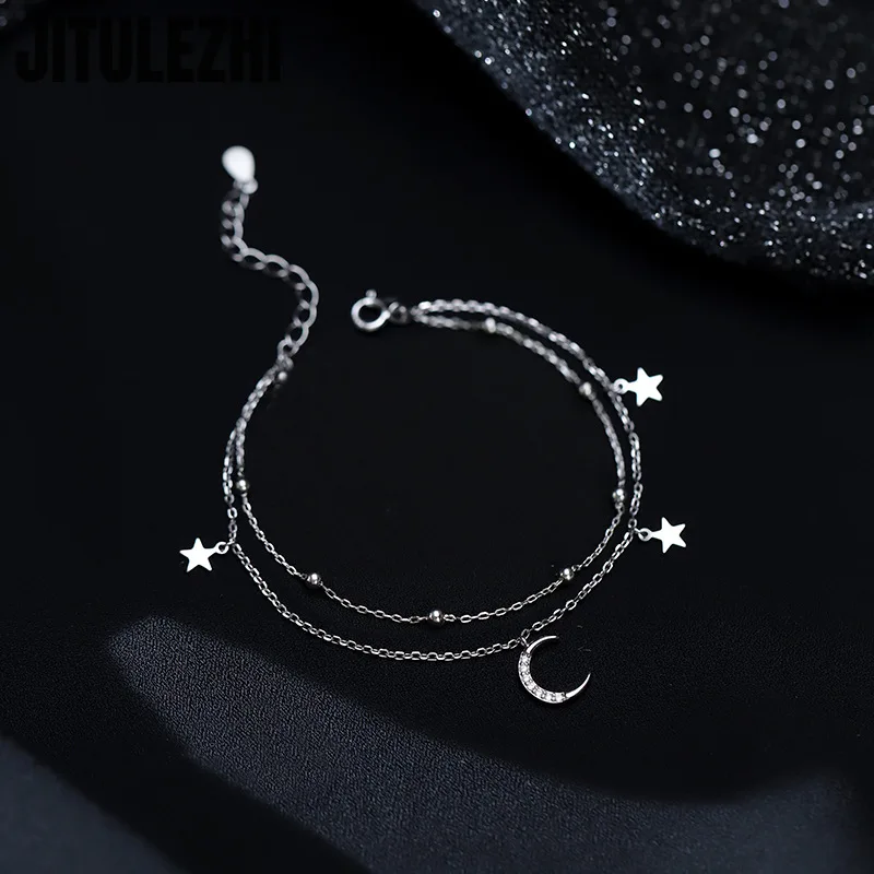 925 Sterling Silver Bracelet For Women Double-layer Star Moon Bracelet Women's Folding Design Sense Summer Star Moon Star Bracel