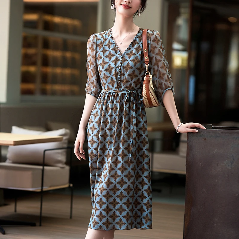 100% Real Silk Summer Dresses Women 2026 Summer Elegant Fashion V-neck Vintage Geometry Print Woman Holiday Long Dress A-line