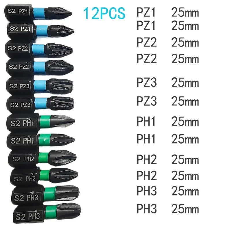 전기 스크루 드라이버용 합금강 마그네틱 임팩트 드릴 비트 세트, PH1, PH2, PH3, 25mm S2, PZ1, PZ2, PZ3, 12 개