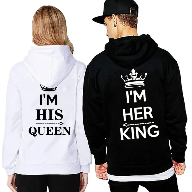 NEW Couples Hoodies I\'M HIS QUEEN And I\'M HER KING Print Hooded Long Sleeve Couple Queen King Sweatshirt Women Men Pullover