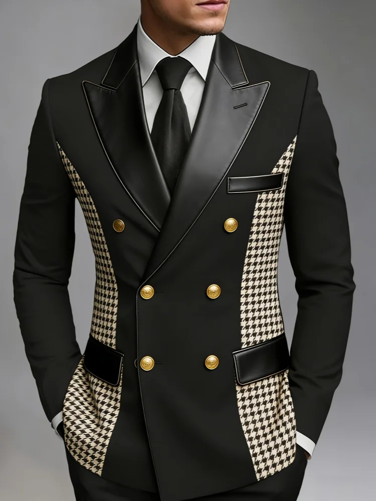 Men Black Glossy Contrast Peak‑Lapel Double‑Breasted Houndstooth Panel Slim‑Fit Wedding Blazer Jacket