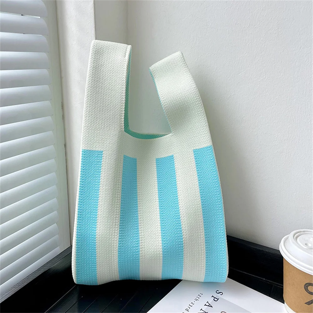 Colorful Striped Knitting Tote Bags Women\'S Shoulder Bag Fashion Tote Ladies Female Woven Shopper Purse Lady Crossbody Handbag