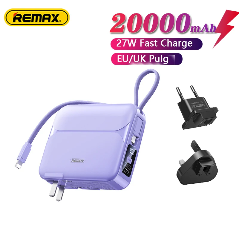 

Remax 20000mAh 27W Fast Charging Power Bank With Type C Lightning Cable EU UK Plug Adapter LED Display For Laptops Moblie Phone