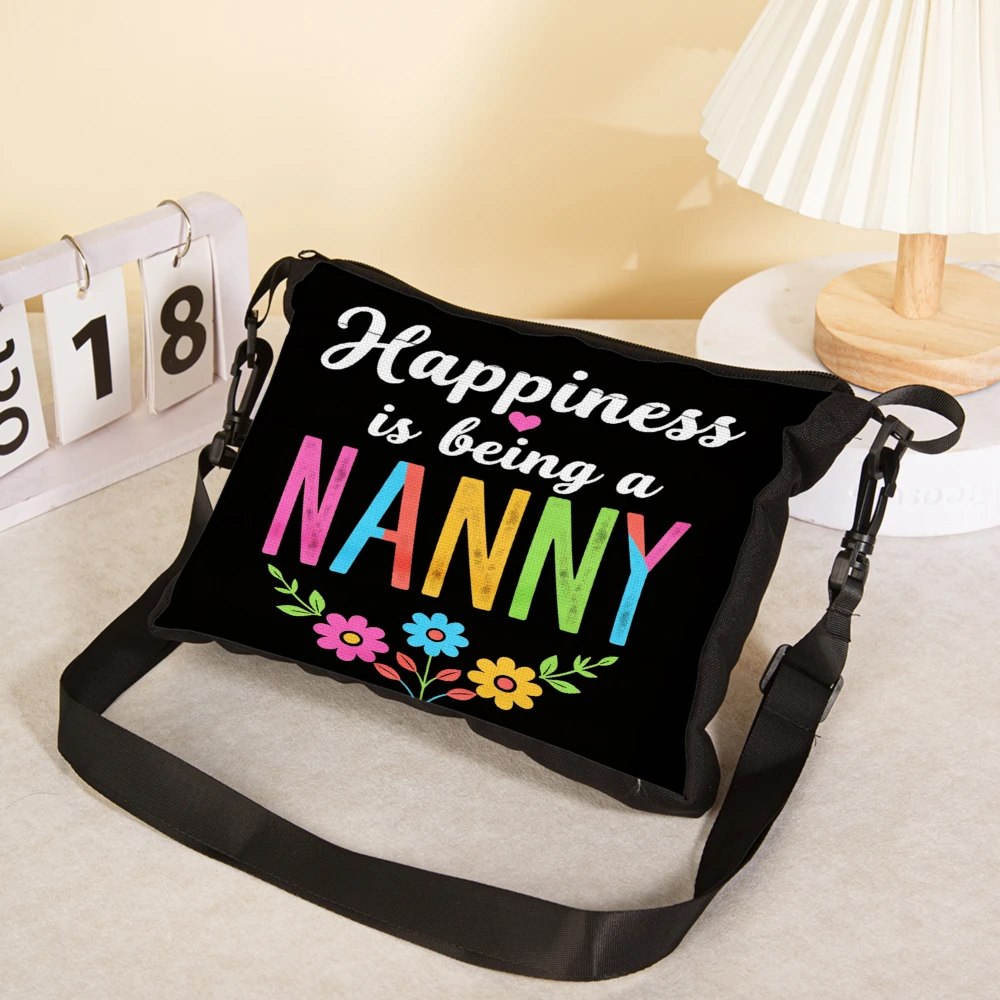 Happiness Is Being A Nanny Crossbody Bag Black Colorful Floral And Text Design Shoulder Bags For Women Gift For Nanny Grandmothe