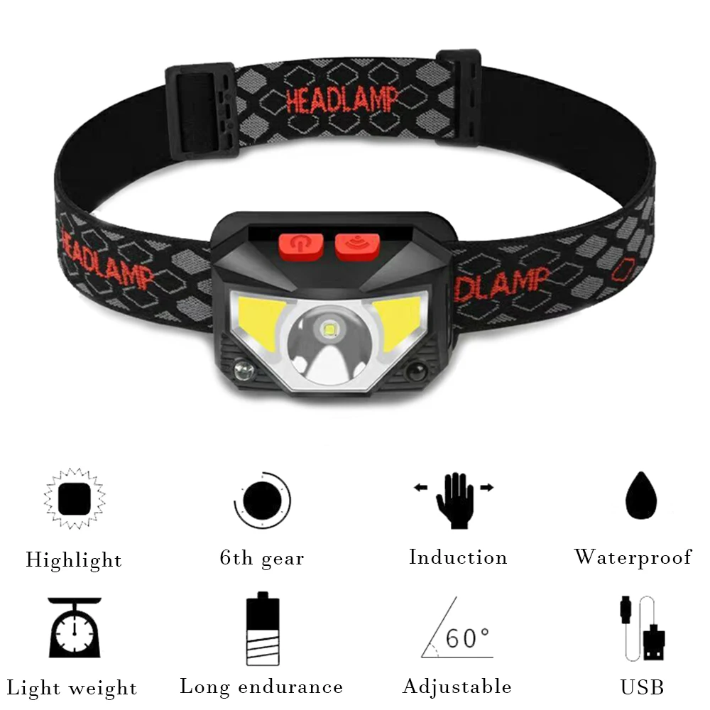 Infrared Sensor LED Headlamp Super Bright with USB Rechargeable HeadLamp Waterproof Built-in Battery Headlight Outdoor Emergency