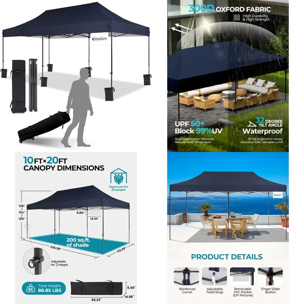 

Waterproof Easy Setup Pop Up Canopy Tent 10x20, Commercial Shelter with Roller Bag, 6 Stakes, Sandbags, Ropes, Silver Coating, L