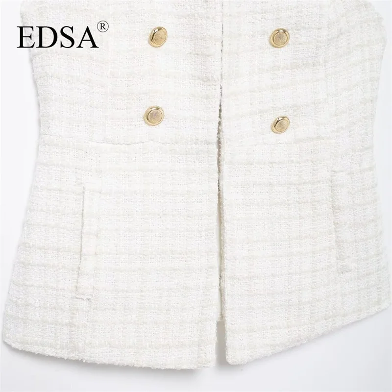 EDSA Women White Textured Waistcoat for Office Lady Long Tweed Sleeves Round Neck Gold-tone Buttons Vest Outerwear