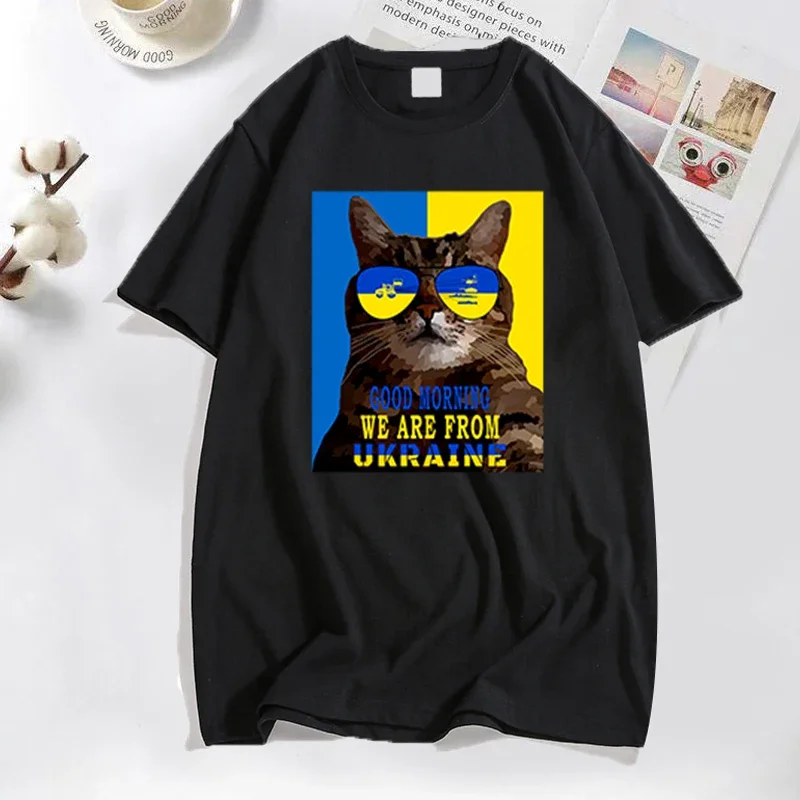 Stepan Cat Ukrainian  Good Morning We Are From Ukraine T-shirts Causal Short Sleeve T Shirt Men Funny Streetwear Tops