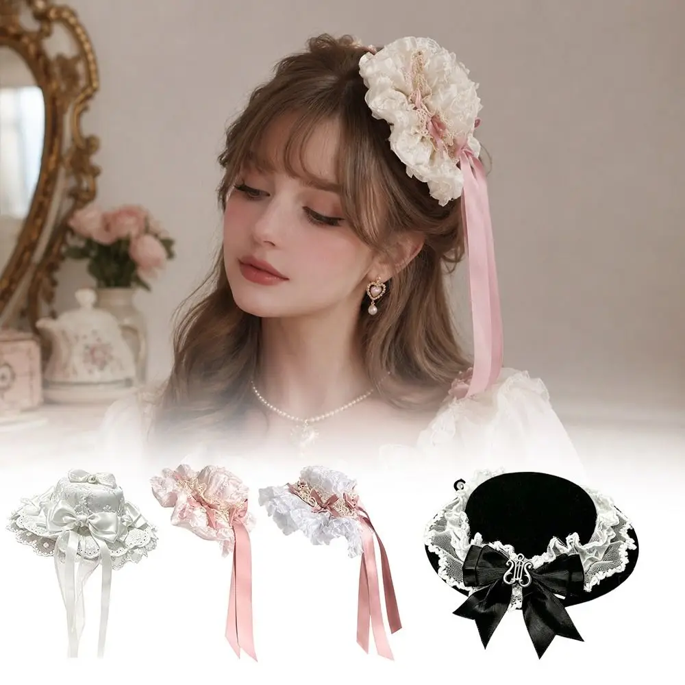 Kawaii Bowknot Mini Top Hat Vintage Fascinator Bow Hair Clip Exquisite Elegant Lolita Hair Cap Anime
