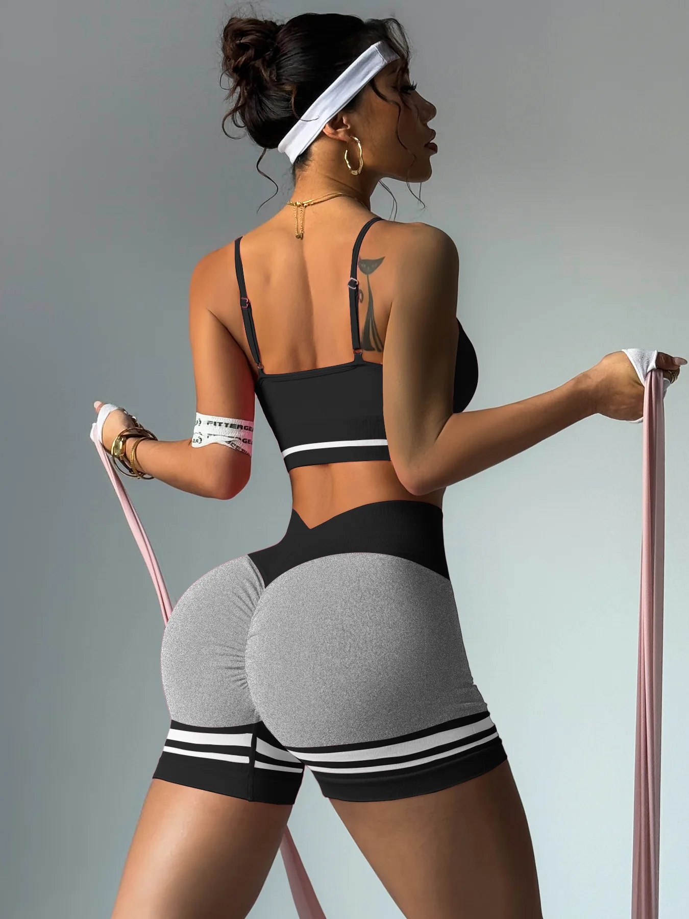 GLITTER ME Striped Patchwork Seamless Shorts Women High Waist Skinny Gym Fitness Leggings Sportwear Yoga Running Short Pants