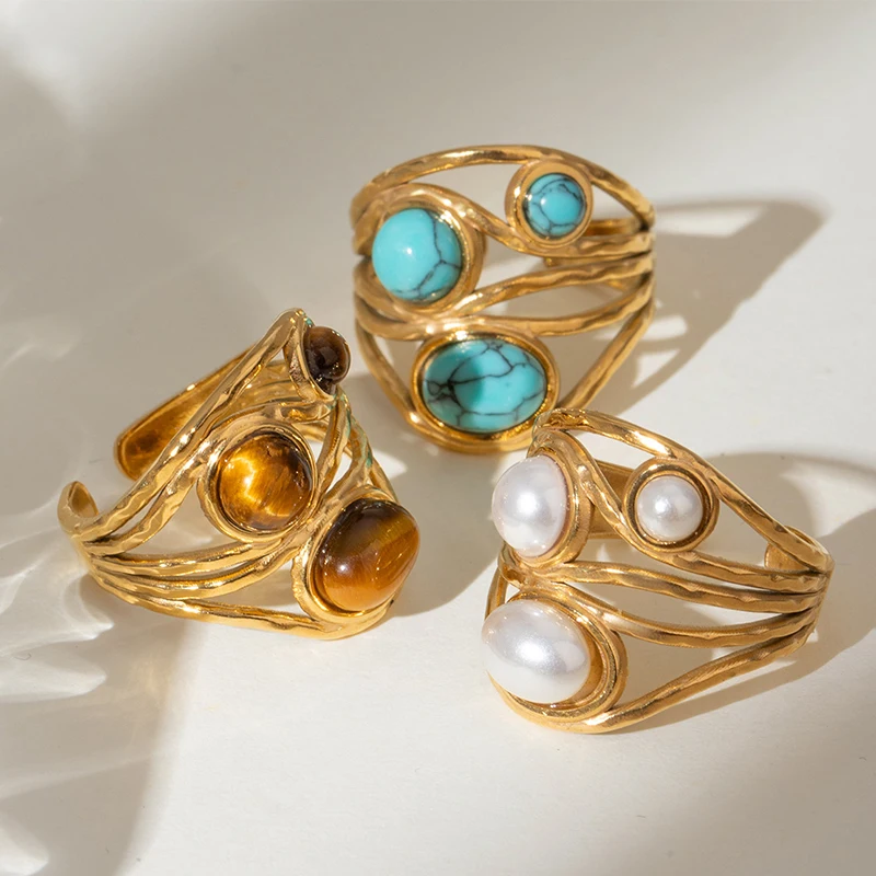 PRISCA | 18k Turquoise Gold Ring for Women Stainless Steel Bohemia Fashion Jewelry Natural Stone New Style