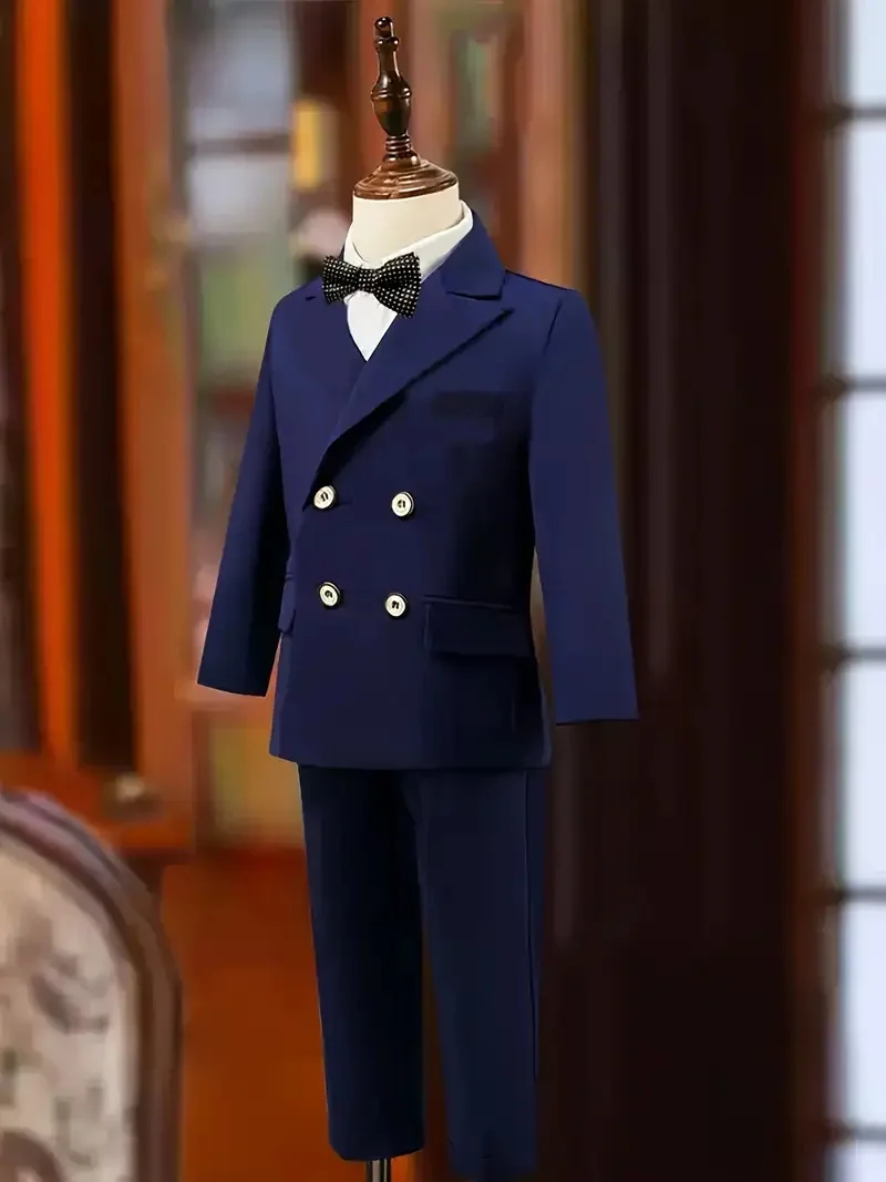 

1-11 Years Boys Spring Blue 4Pieces /Set Jacket Vest Pants Bowtie Wedding Suit Kids Birthday Dress Children Piano Host Costume