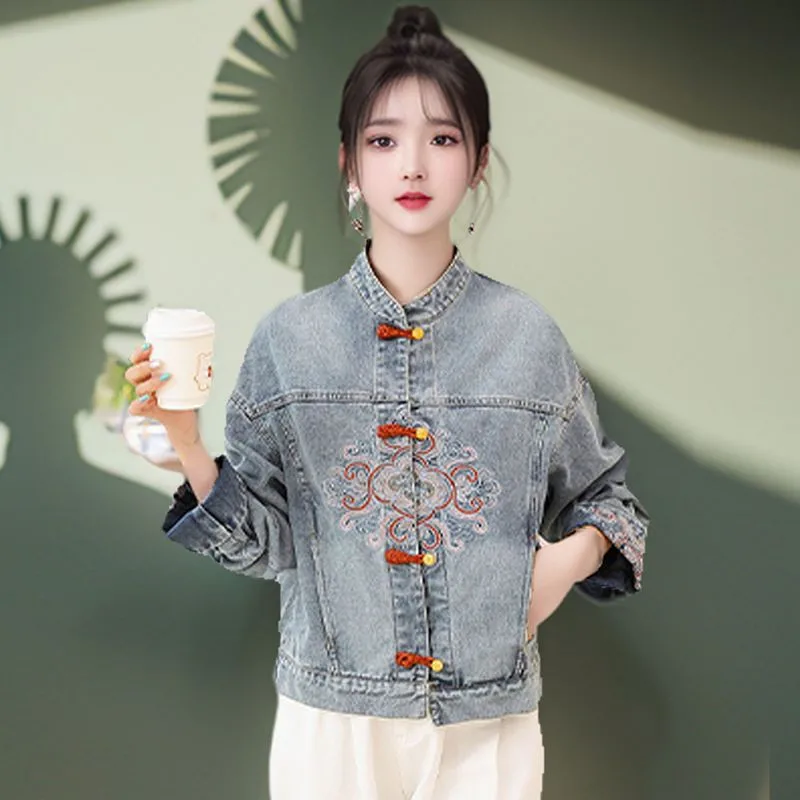 

Spring Autumn Denim Short Coat Women Vintage Embroidery Dial Buckle Jeans Ja Female Casual Loose Outerwear Clothes JJ560