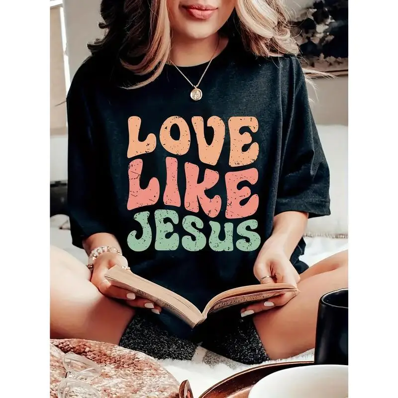 

Women's Oversized T-Shirt Love Like Jesus Distressed Print Christian Religious Loose Tops