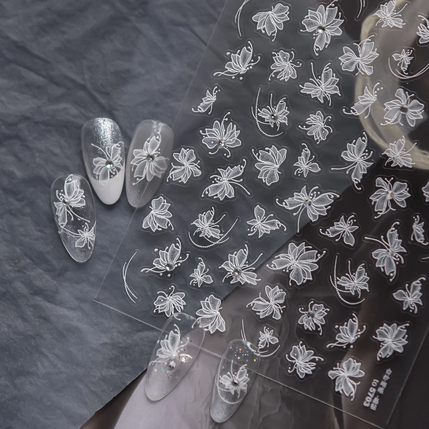Sheer White Yarn Butterfly Line Butterfly with Rhinestone Ballet Style 5D Embossed Nail Stickers Self-Adhesive Nail Art Decals