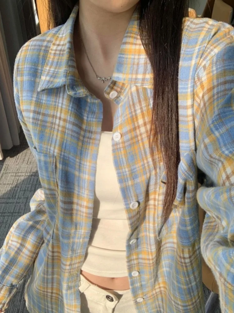

Yellow Plaid Couple irts Men Women Spring American Retro High Sensation Outerwear Loose Fit Breathable Long Sve Button up