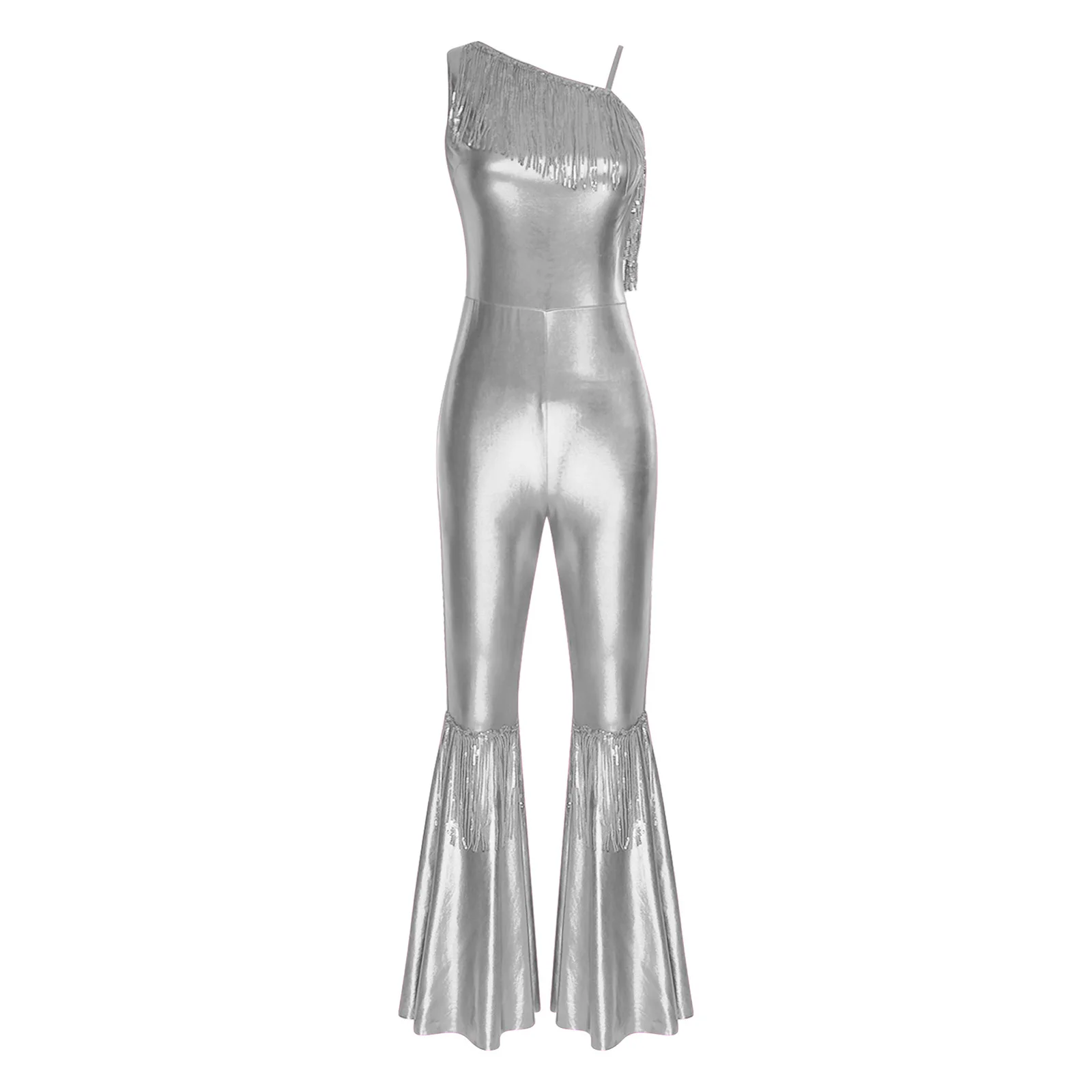 여성용 반짝이는 메탈릭 70년대 80년대 디스코 재즈 왈츠 댄스 점프수트 스팽글 태슬 슬림핏 플레어 팬츠 롬퍼 파티 클럽 레이브용