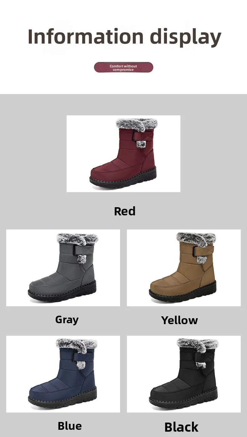 Damen-Schneestiefel bis zur Mitte der Wade, warm, mit Plüschfleece gefüttert, mit Klettverschluss, Pompon-Dekor, rutschfeste dicke Sohle, Winter-Freizeitschuhe für kaltes Wetter. – Detail 12