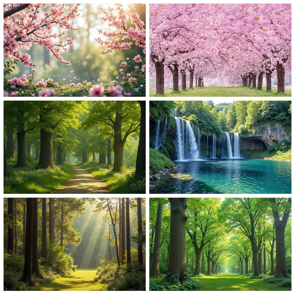 

MOON.QG Spring Floral Backdrop Outdoor Green Forest Nature Flower Tree Photography Background Garden Grass Birthday Background