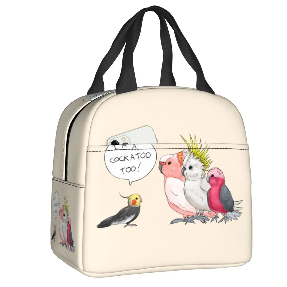 

Custom Funny Cockatoo Cockatiel Insulated Lunch Bags for Women Parrot Birds Portable Cooler Thermal Food Lunch Box School Travel