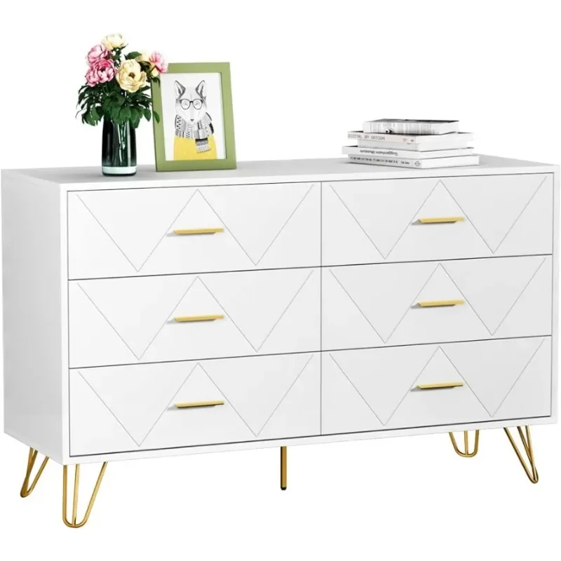 Modern Dresser for Bedroom, 6 Drawer Double with Wide Drawers and Metal Handles, Wood Dressers & Chest of Hallway, Entryway.